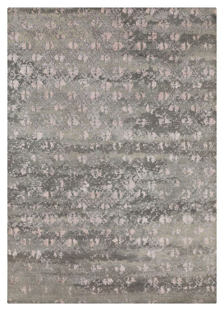 Luxueux tapis de salon à motif gris en laine et soie – vue de face, texture raffinée