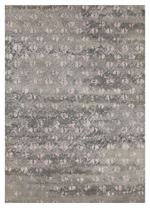 Luxueux tapis de salon à motif gris en laine et soie – vue de face, texture raffinée