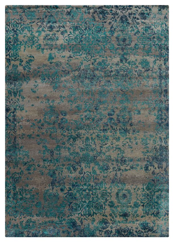 Luxueux tapis à motif baroque en laine et soie gris bleu — vue de face 