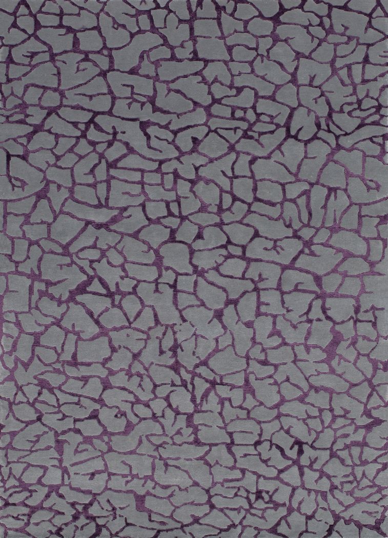 Tapis luxueux gris violet à motif craquelure, vu de face, en laine et viscose, finition haut de gamme