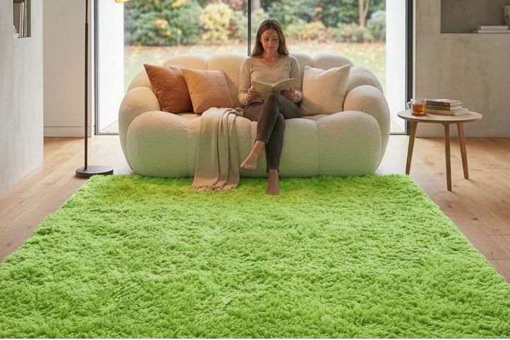 A front-view photograph of a vibrant neon green shaggy rug placed in a modern interior. The rug sits on a light wood floor in front of a white bouclé bubble couch. A person sits on the couch reading a book, illuminated by a contemporary floor lamp with a warm yellow glow. The background features a large floor-to-ceiling window looking out onto a garden.