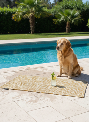 Product 3038-52-F1. Een lifestylefoto van het oranje Le Tessera buitenkleed (60x120 cm) op een licht stenen terras bij een blauw zwembad. Een Golden Retriever zit er rustig naast en een verfrissend gekoeld drankje met citroen en munt staat op het geometrische oppervlak van het kleed.