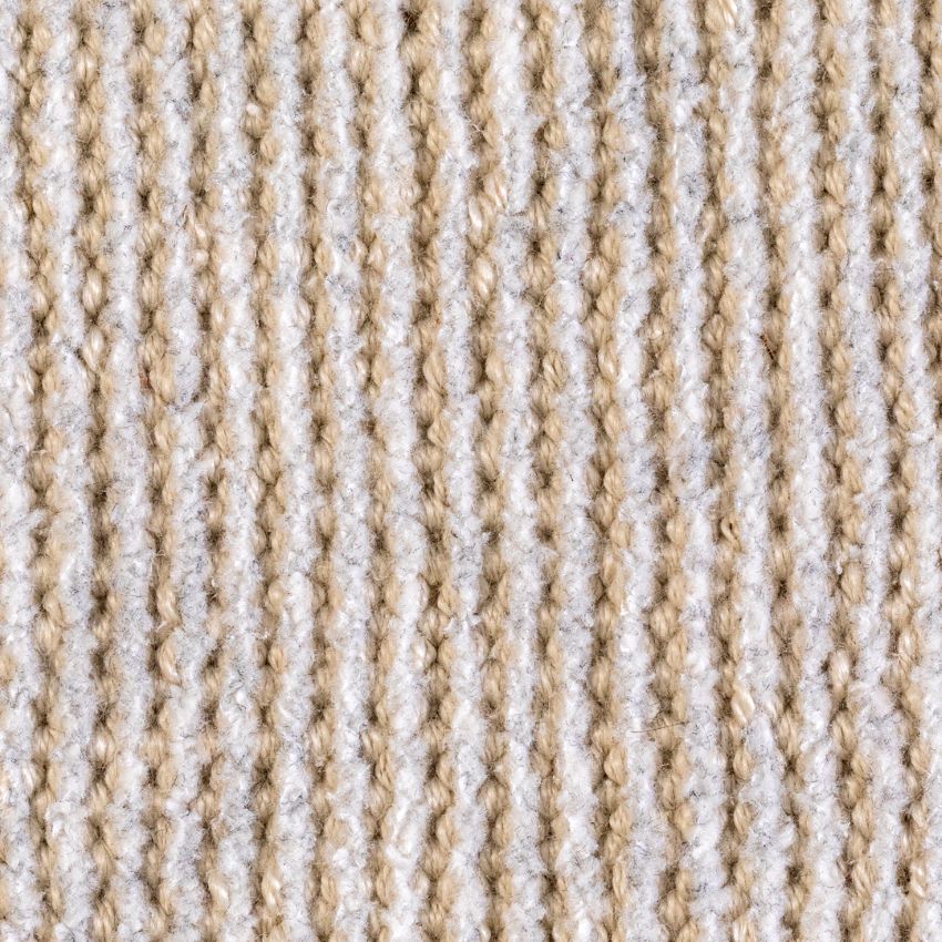 Zoom sur la texture du tapis vintage gris ivoire en PET recyclé, tissage durable pour usage intérieur ou extérieur