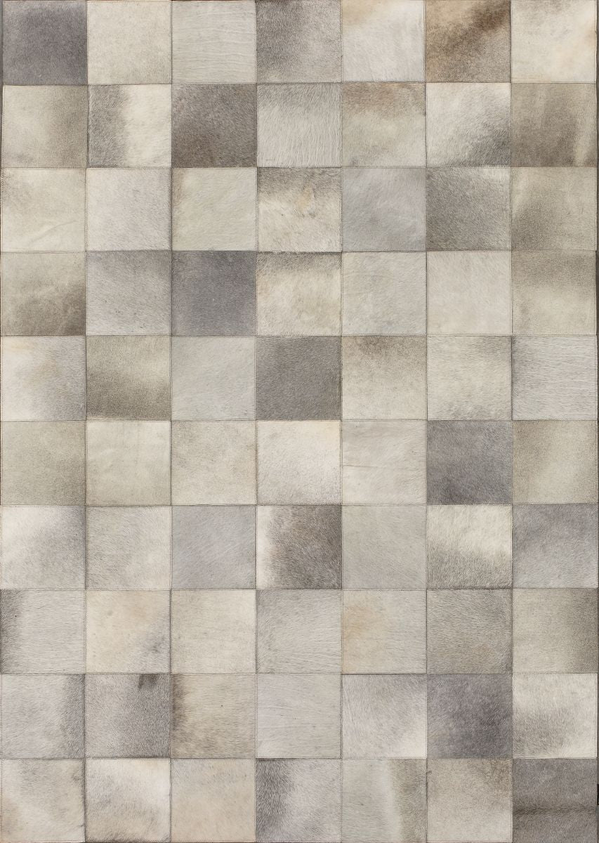 Tapis audacieux en cuir de vachette avec motif géométrique damier gris ivoire brun — vue de face complète