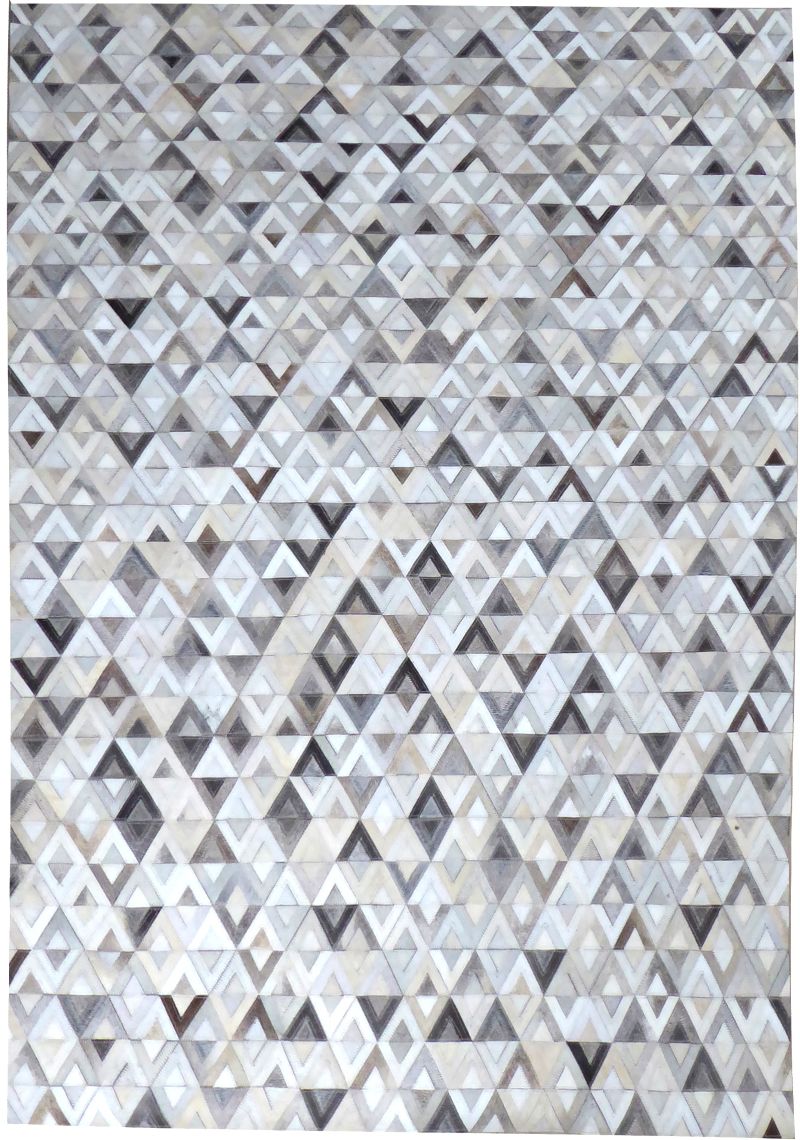 Tapis en cuir de vachette avec motifs géométriques gris brun ivoire, vue de face entière