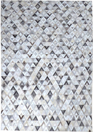 Tapis en cuir de vachette avec motifs géométriques gris brun ivoire, vue de face entière