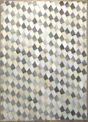 Tapis audacieux en cuir de vachette avec motifs géométriques gris, ivoire et jaune – vue frontale