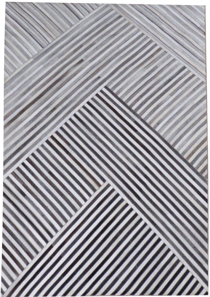 Tapis audacieux en cuir de vachette, motifs géométriques rayés bruns et blancs, vue de face