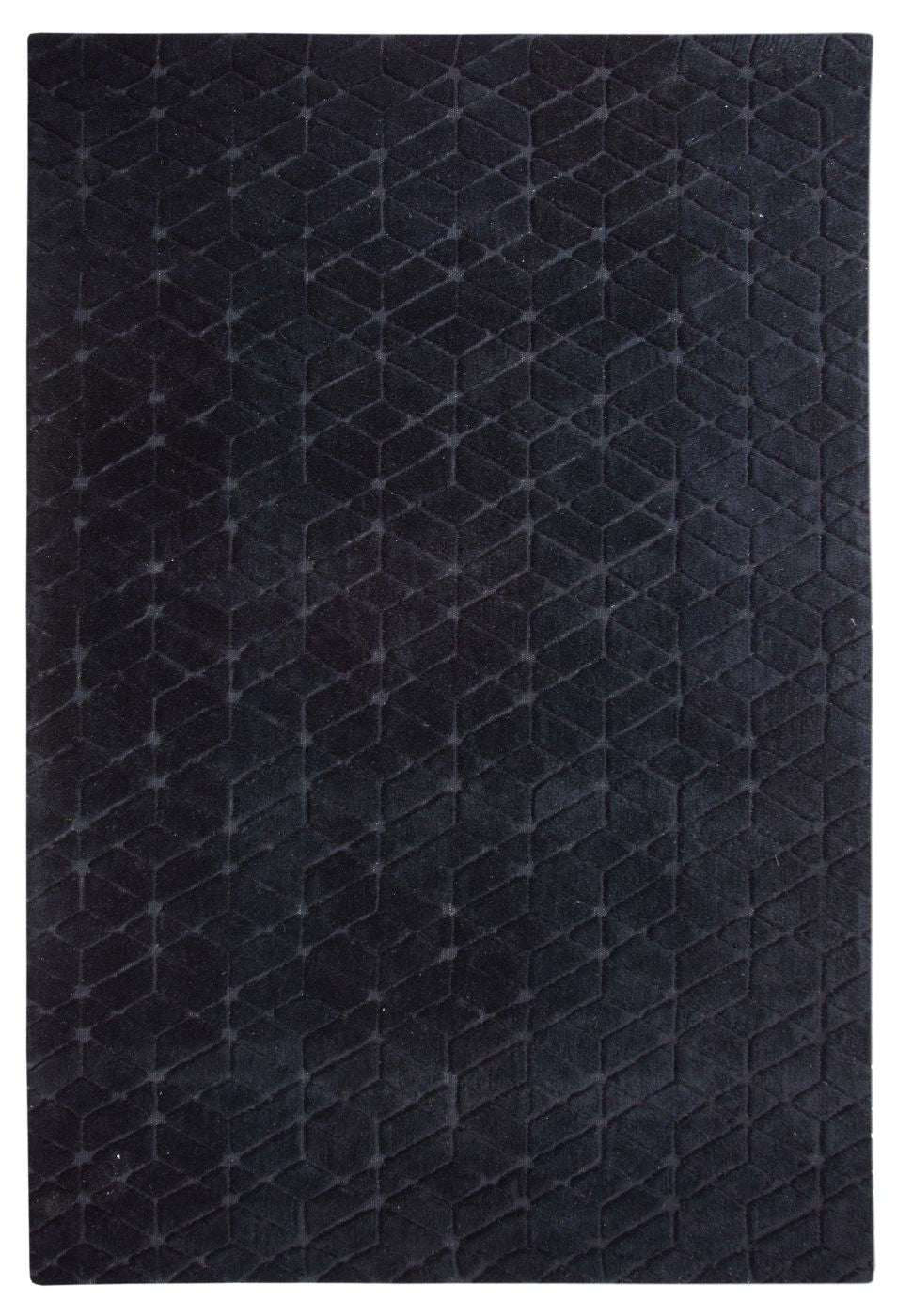 Tapis bleu marine à motifs géométriques en laine, vue de face sur fond neutre