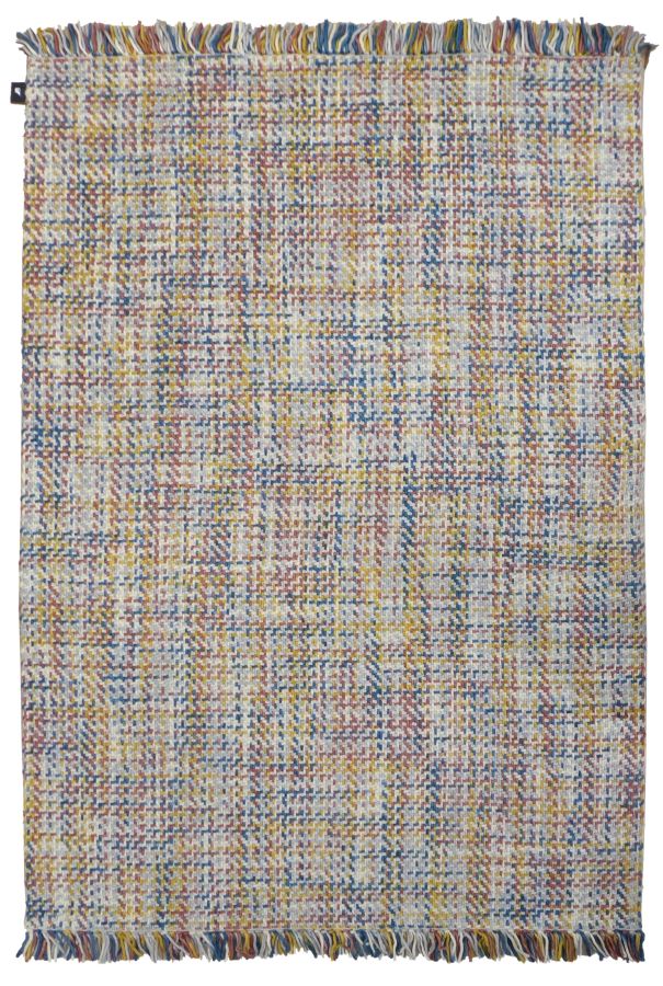 Tapis moderne en laine aux couleurs pastel, motif tweed-tartan avec franges, présenté en vue de face
