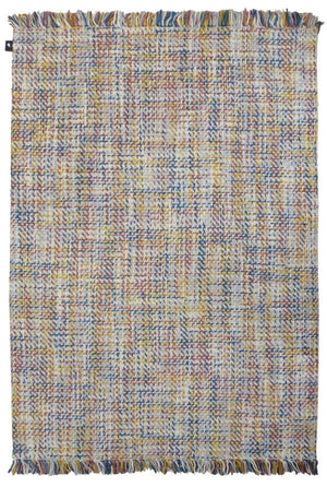 Tapis moderne en laine aux couleurs pastel, motif tweed-tartan avec franges, présenté en vue de face