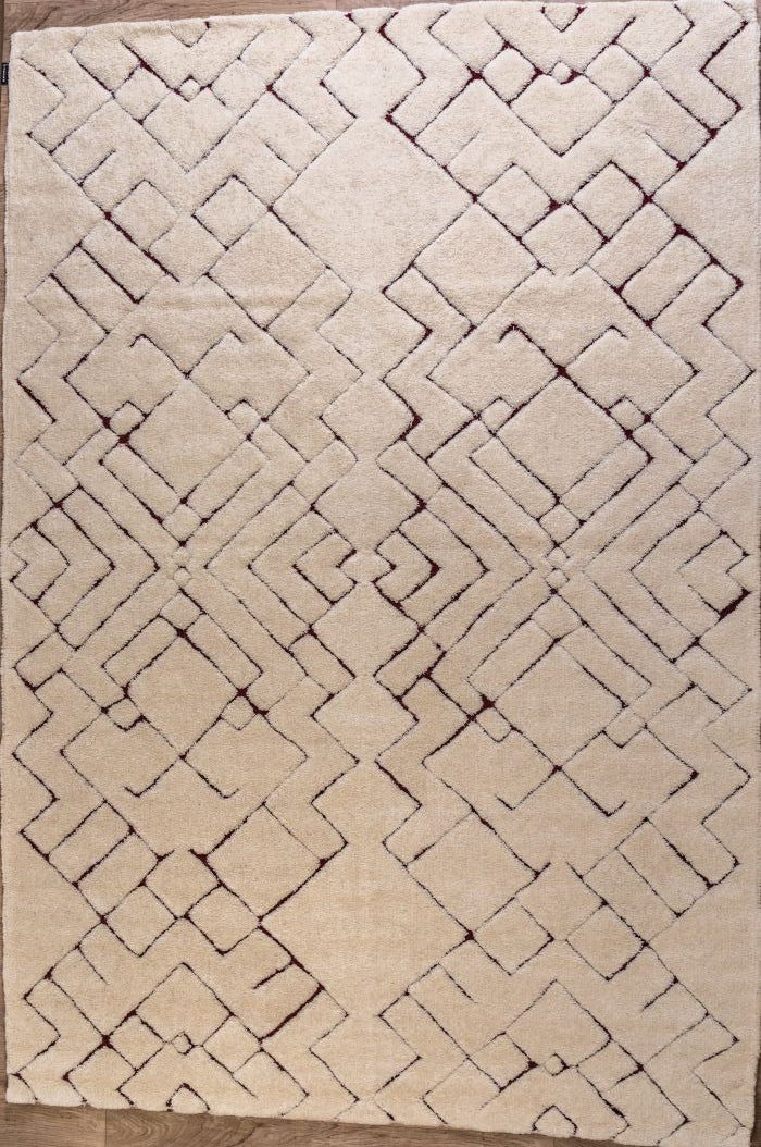 Tapis doux ivoire à motifs géométriques en laine, vue de face, texture moelleuse et design contemporain