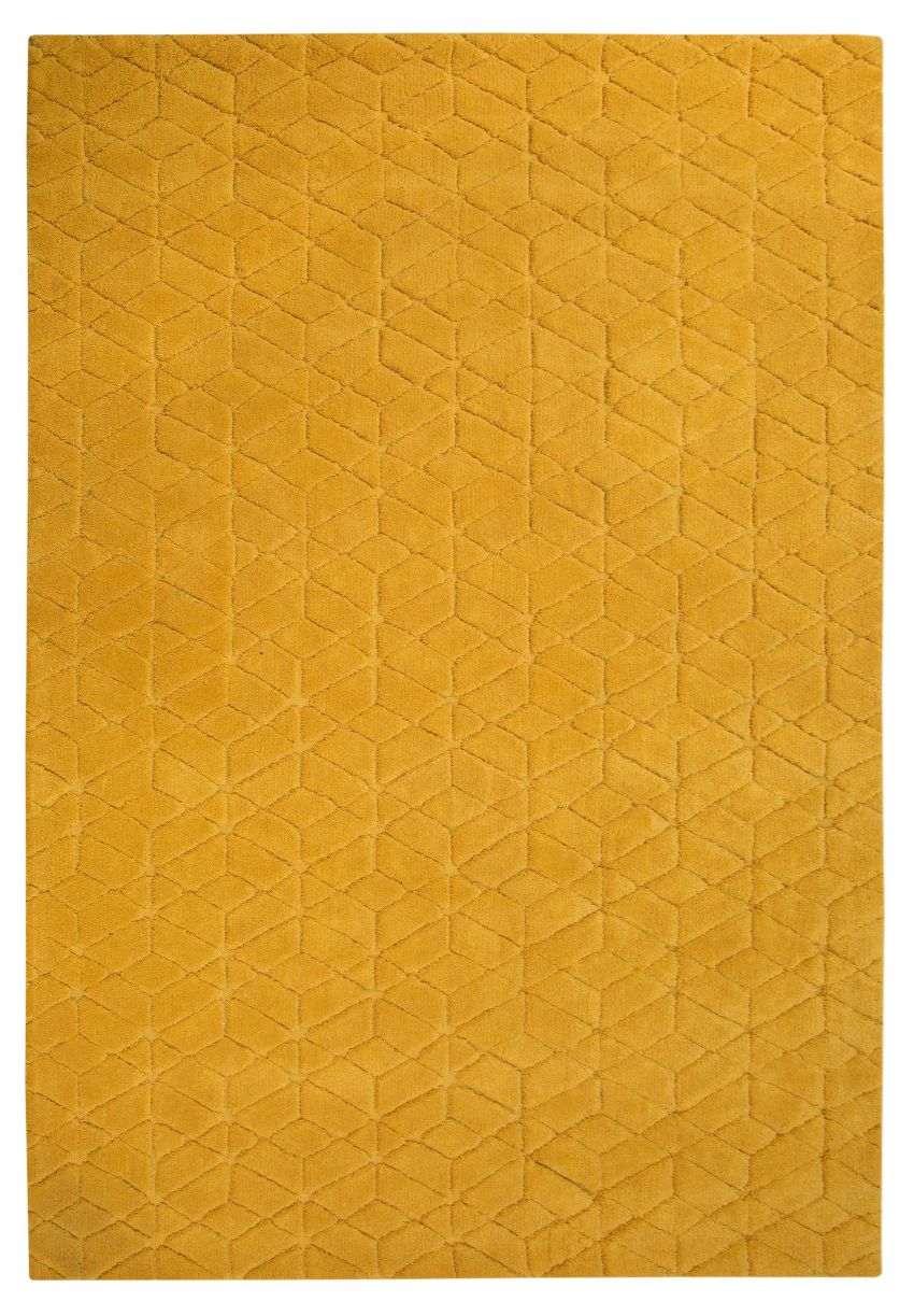 Tapis doux jaune en laine à motifs géométriques vu de face, texture moelleuse et design moderne