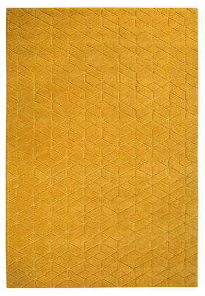 Tapis doux jaune en laine à motifs géométriques vu de face, texture moelleuse et design moderne