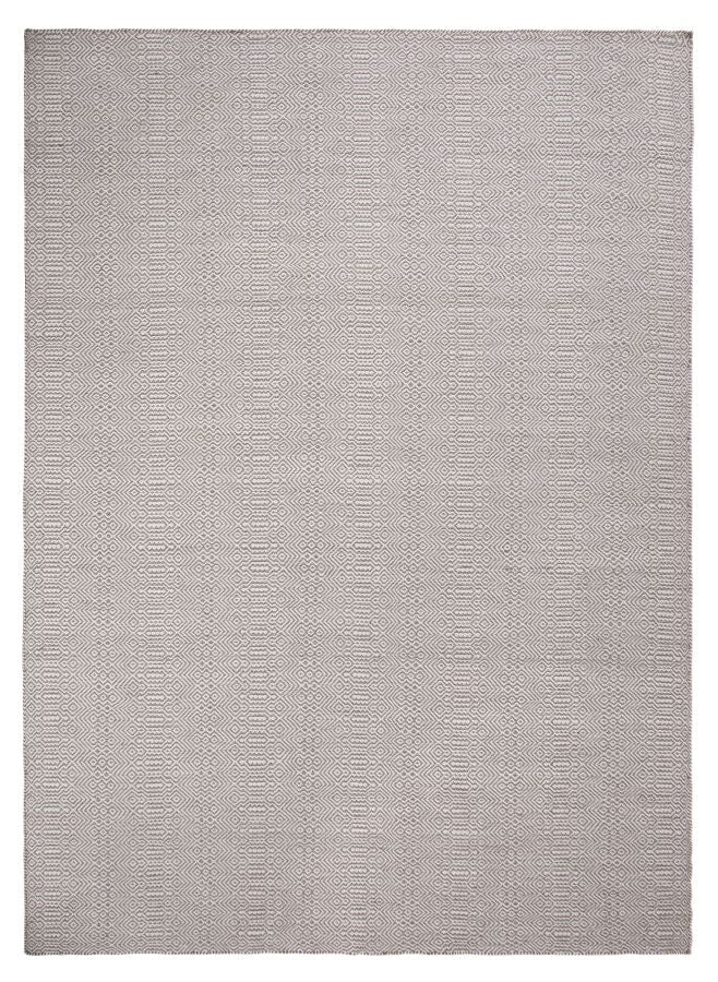 Tapis ethnique blanc et gris en PET recyclé, motifs géométriques, résistant pour intérieur et extérieur, vue de face