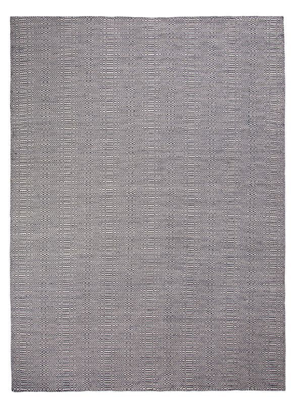 Tapis en PET recyclé blanc, gris et marine, motifs géométriques, vue de face, utilisation tout terrain, résistant et décoratif