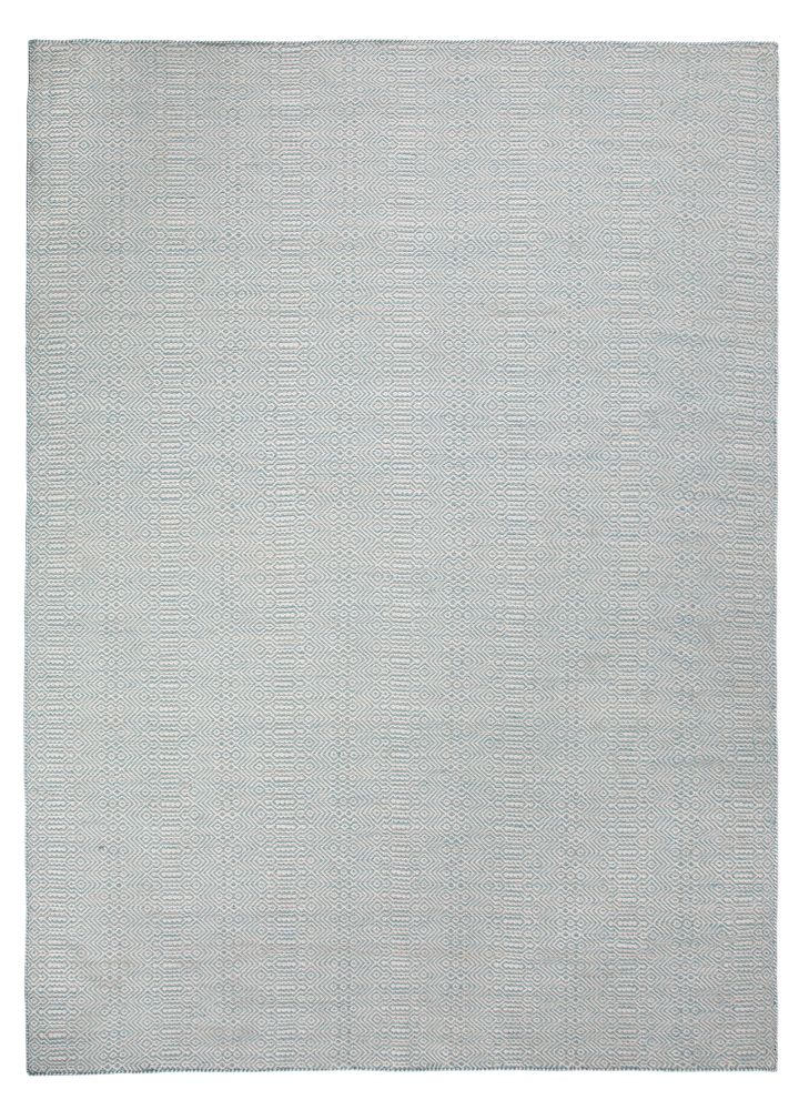 Tapis ethnique blanc et turquoise en PET recyclé, motifs géométriques, usage intérieur ou extérieur, vue de face 