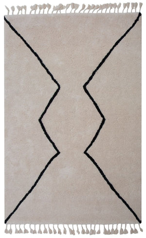 Tapis ivoire en laine avec motif fin noir et franges, vue de face