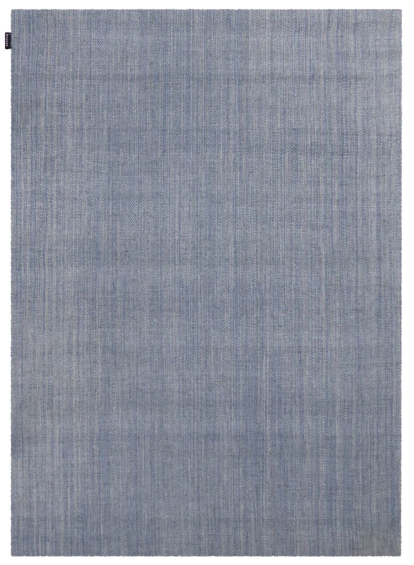 Tapis gris et bleu tissé main en laine et viscose – vue de face, texture raffinée et finition artisanale