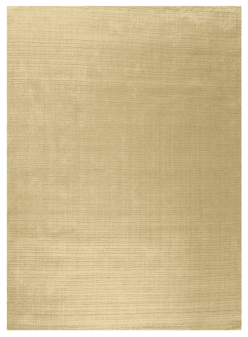 Tapis beige jaune pâle élégant, tissé à la main en PET recyclé, présenté de face pour montrer sa texture durable