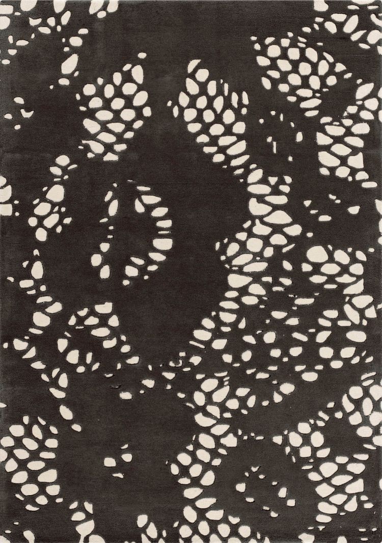 Tapis en laine semi-peignée noir et ivoire à motif floral, vue de face – texture douce et dessin