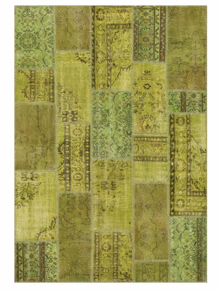 Tapis patchwork recyclé en laine et coton vert jaune marron — vue de face complète du motif