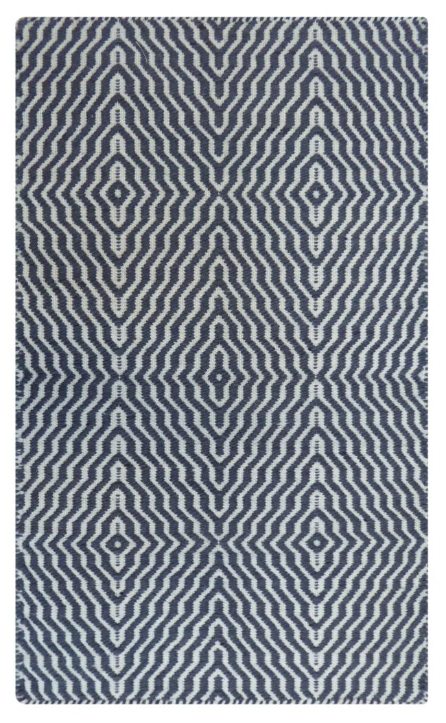 Tapis tissé plat à motif zébré en laine bleu et blanc, vu de face en entier