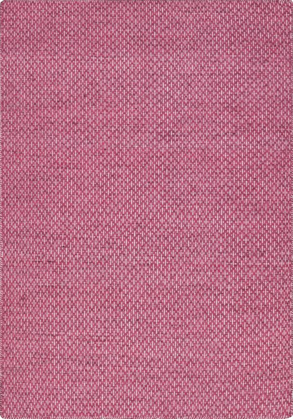 Tapis tissé plat en pure laine rose et blanc, à motif géométrique contemporain. Vue de face 