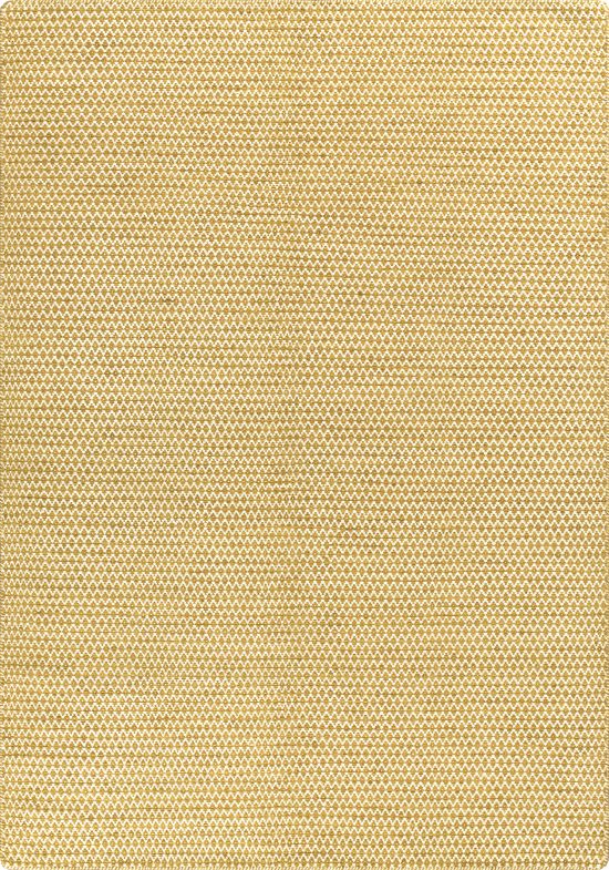 Tapis design en laine naturelle, tissé plat jaune et blanc, motif géométrique losange élégant, vue de face