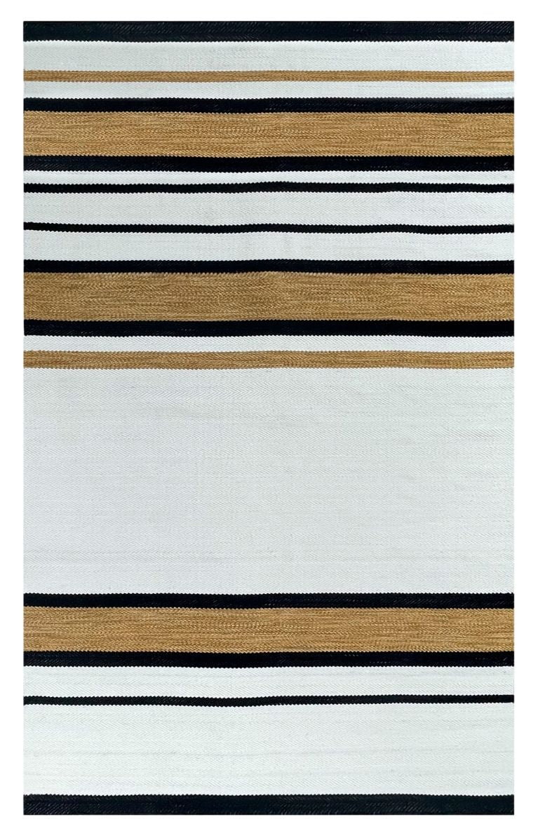 Tapis plat rectangulaire rayé noir, blanc et jaune en pure laine, présenté de face