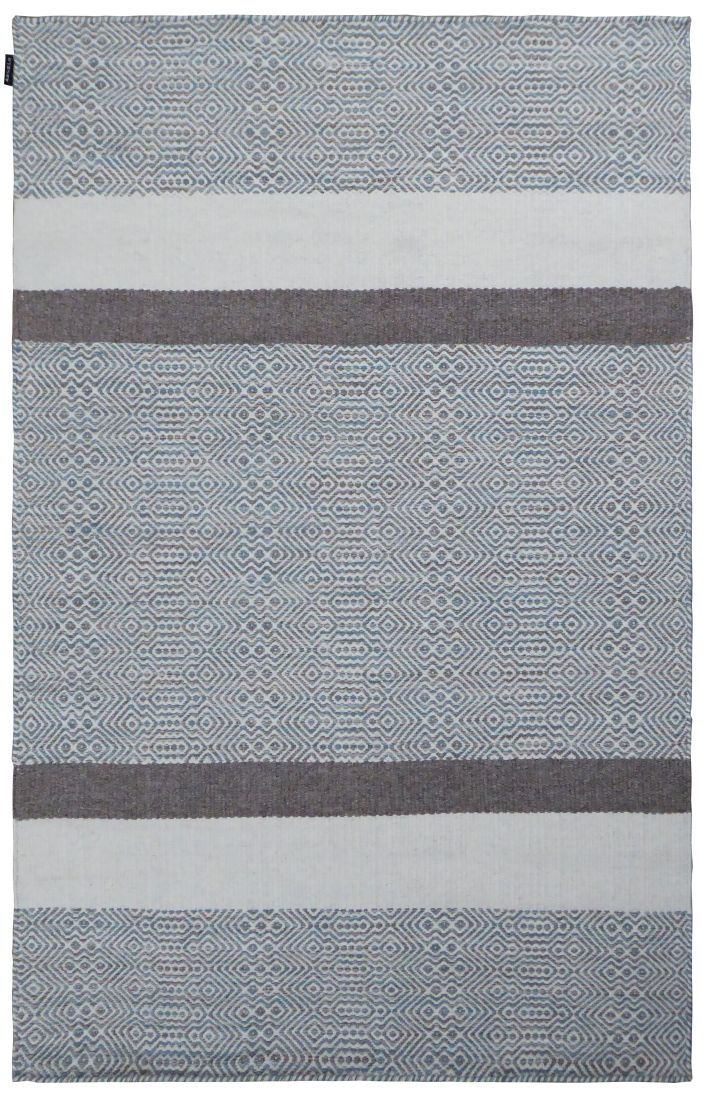 Tapis Tussa coton laine blanc gris bleu, motifs géométriques à rayures, vue complète de face