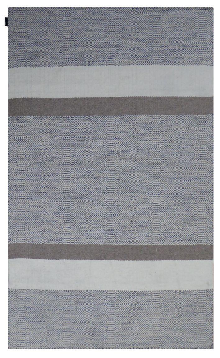 Tapis blanc et bleu en soie et laine – Tribal : vue d'ensemble du tapis