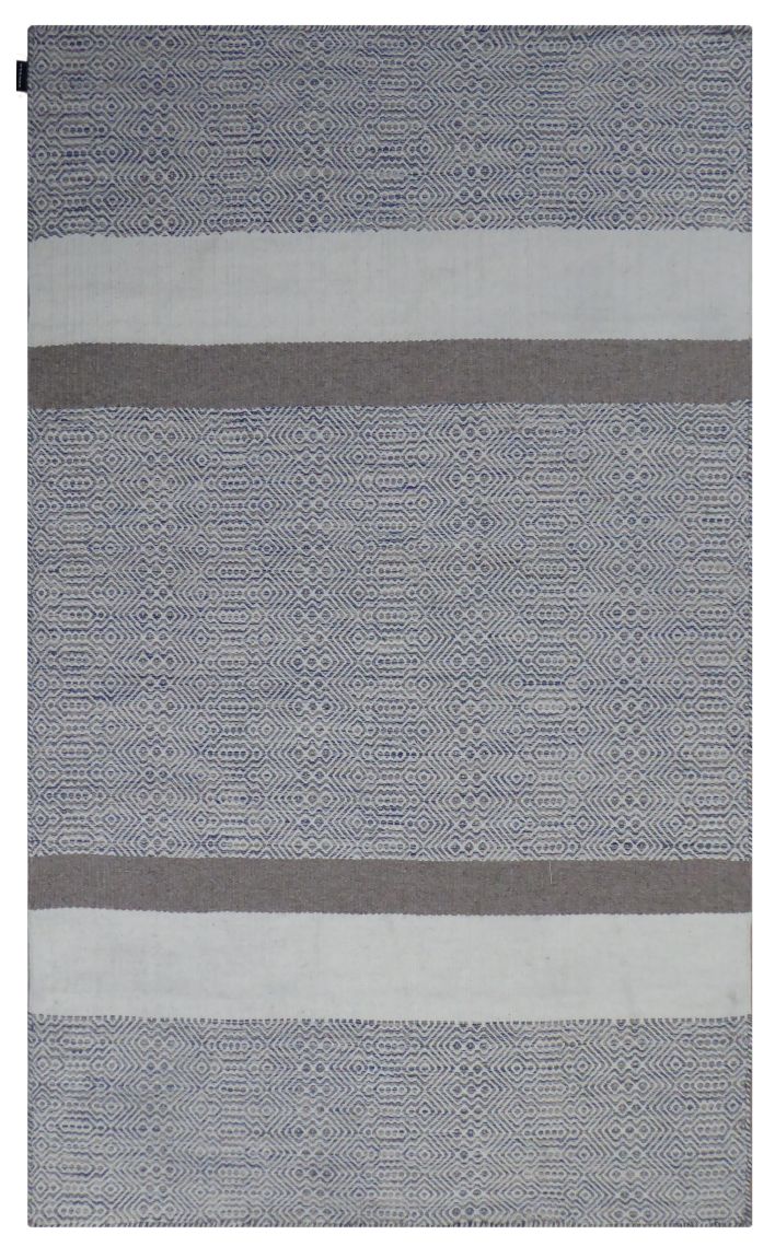 Tapis rayures motifs géométriques Tussa en coton et laine blanc, gris et marine — vue complète de face