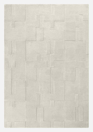 Grand tapis en laine de Nouvelle-Zélande blanc cassé, motifs géométriques en relief – vue de face complète