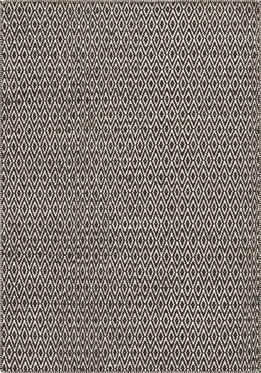 Grand tapis tissé plat noir et blanc en laine, motif géométrique à losanges, vue de face complète