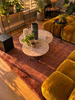 Tapis rouge élégant en relief Fliz 2184-PEm-A002, tissé main avec texture soie végétale, idéal pour salon moderne ou hôtellerie Bel-Deco.