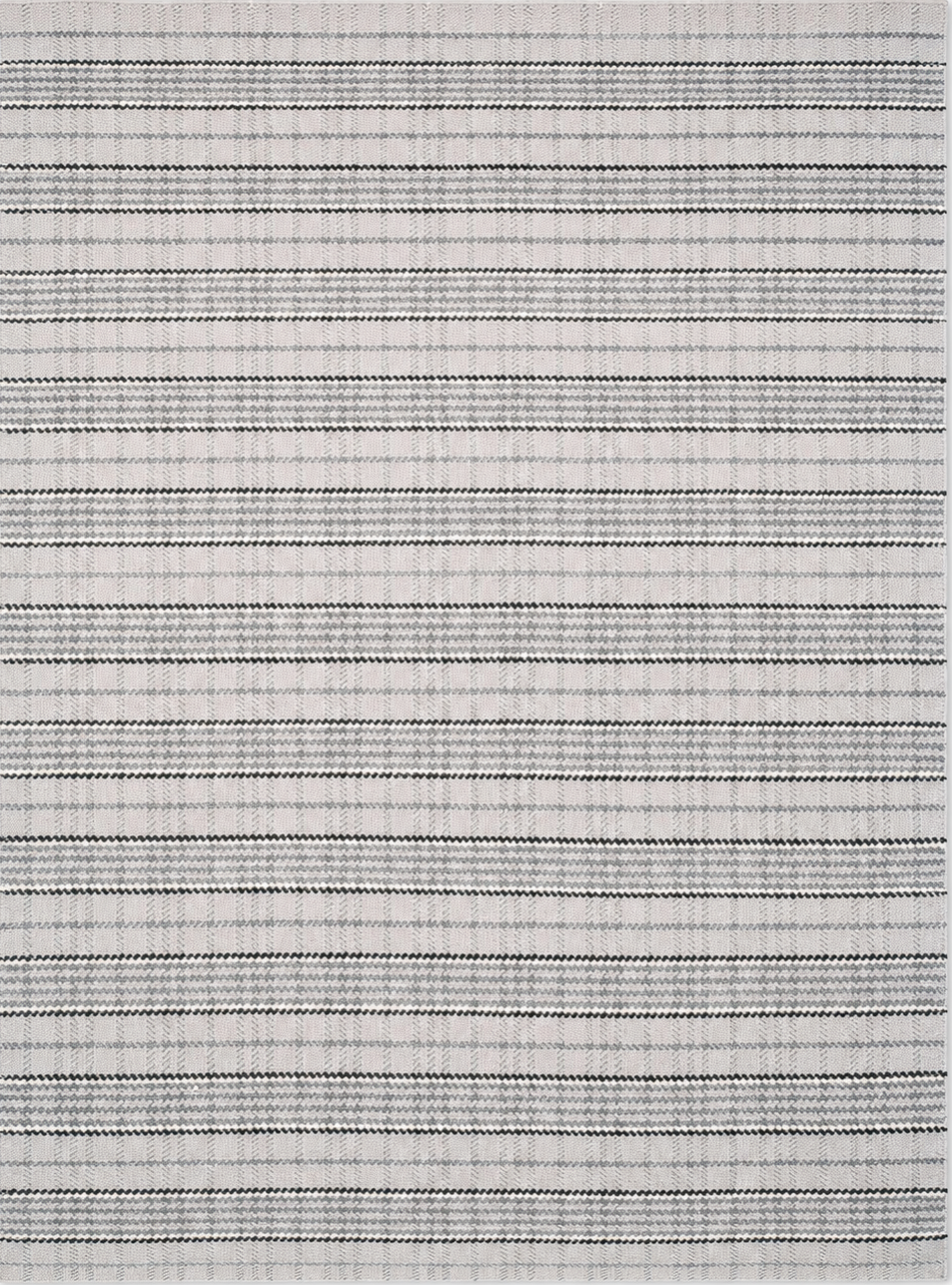 Tapis rectangulaire en laine Tartan SPL/2, motif rayé tartan gris et écru, présenté dans un intérieur lumineux en bord de mer.-200x300