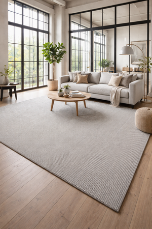 250X350 RUG-Large light-gray textured area rug in a bright industrial loft living room with a minimalist gray sofa, round wooden coffee table, indoor plants, and black steel-framed glass windows letting in soft daylight.