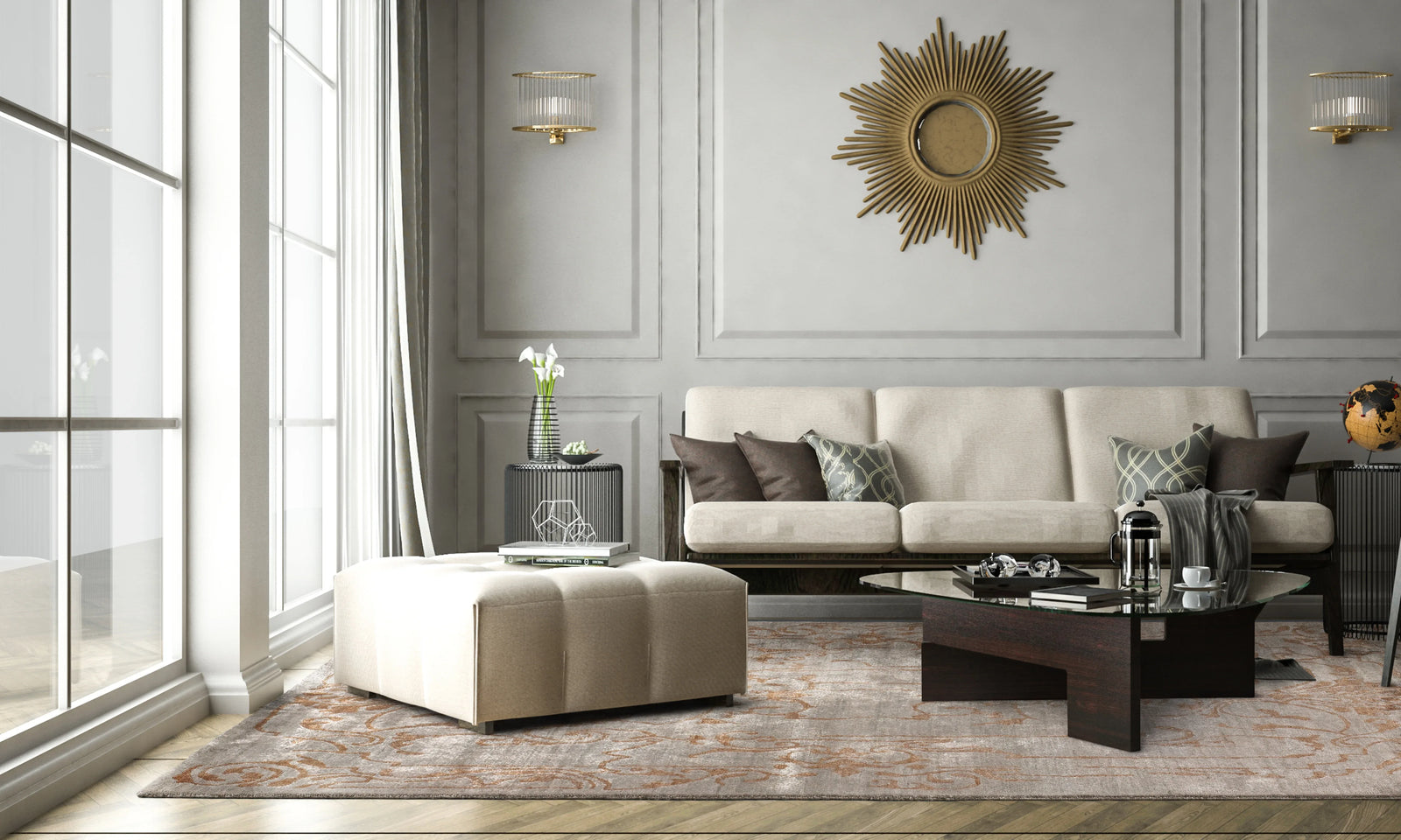Tapis Sievy Design 3060-52 – Arabesque Orange & Gris – 100% Soie de Bambou - Tapis Contemporains à Prix Outlet - Bel-Deco