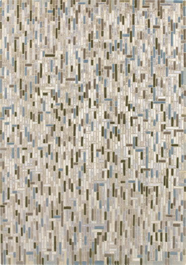 Groot vloerkleed met geometrische patronen, gemaakt van Nieuw-Zeelandse wol en viscose.