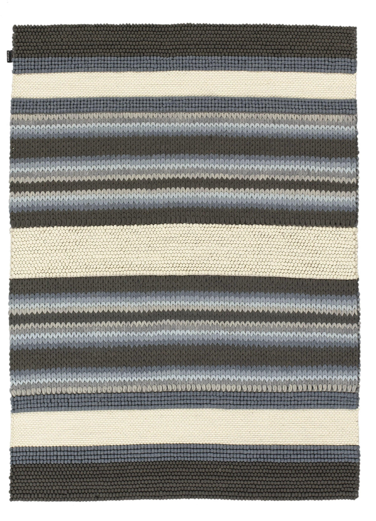 Vloerkleed gestreept blauw van wol – Mood – volledig zicht op het vloerkleed
